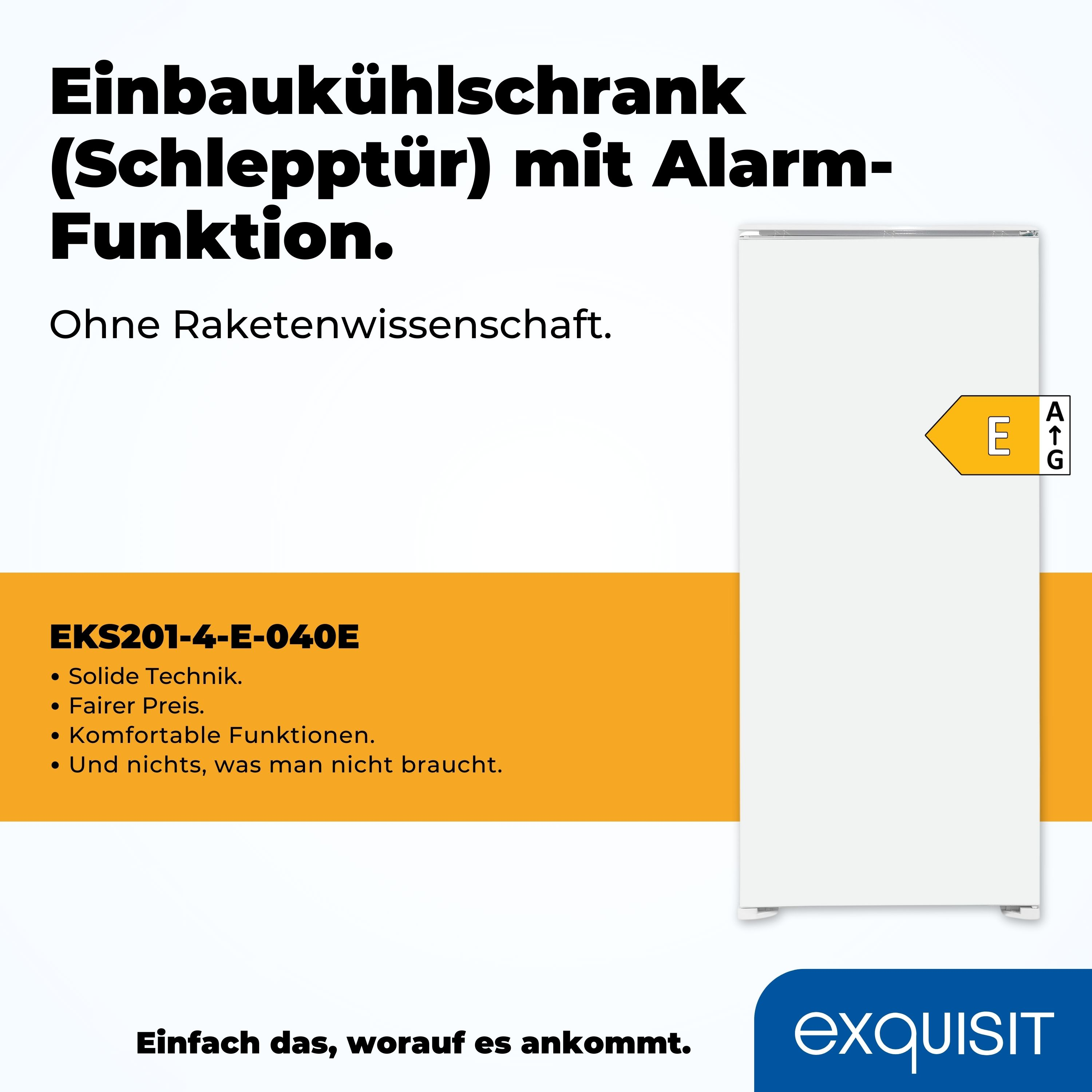 Weißer Kühlschrank mit Energieetikett auf der rechten Seite. Text auf Deutsch links.