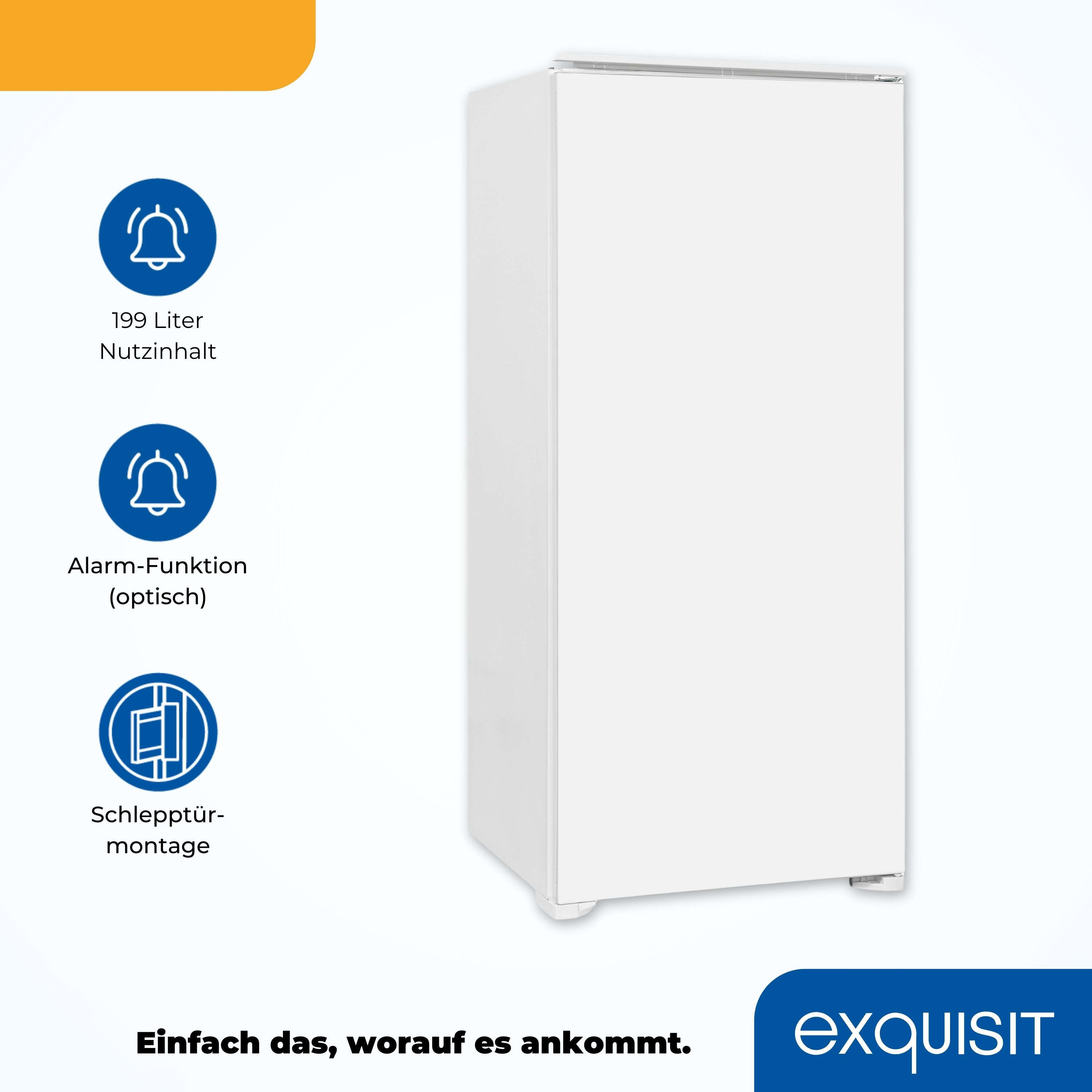 Ein weißer Kühlschrank mit einfachem Design. Er hat ein paar Symbole und Text daneben.