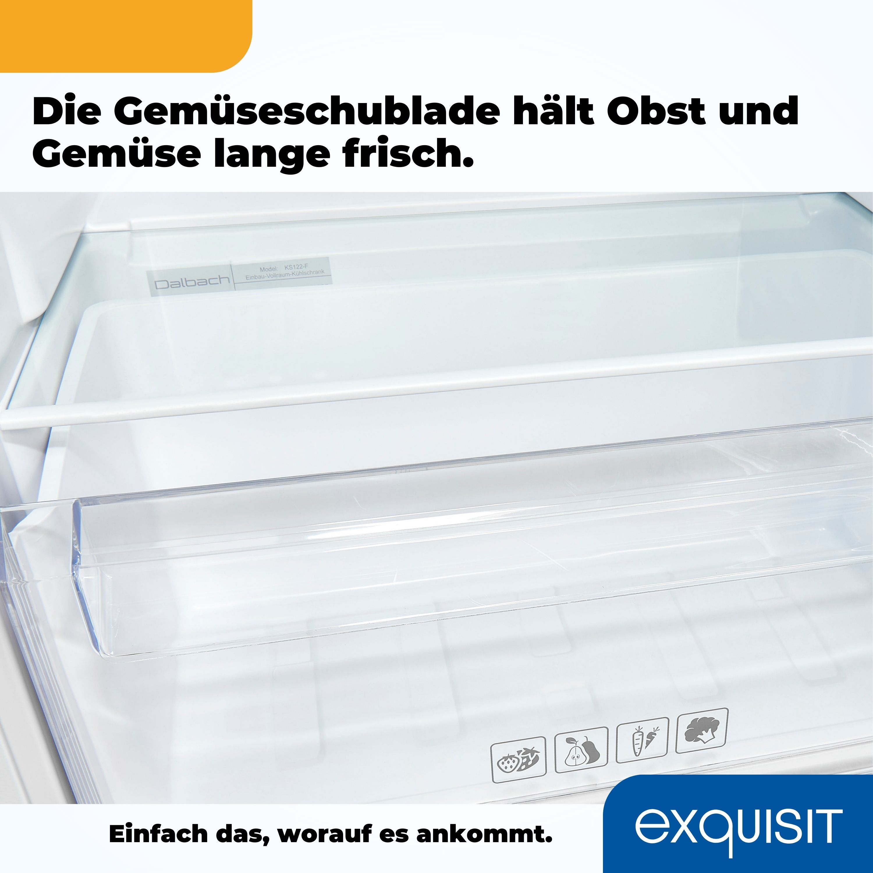 Kühlschrankinnenraum mit Frischhaltefächern, Text auf Deutsch.
