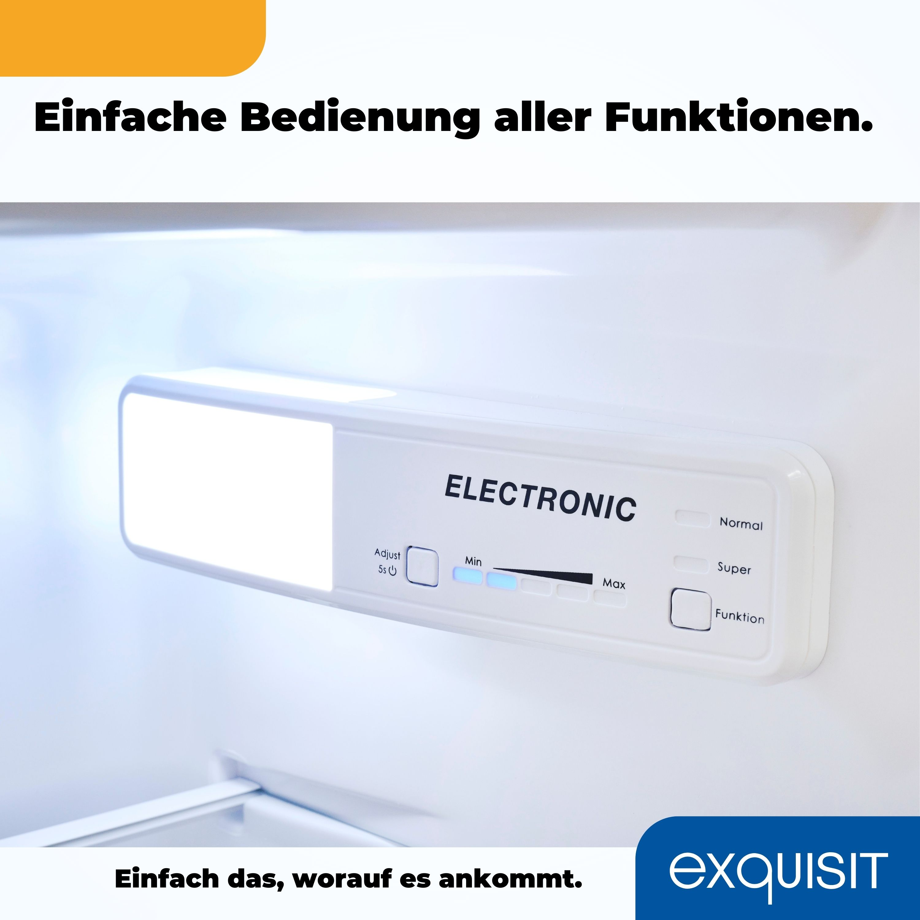 Weißes Bedienfeld mit Knöpfen und Text; ein blaues Licht leuchtet. Text: Electronic und Exquisit Logo.