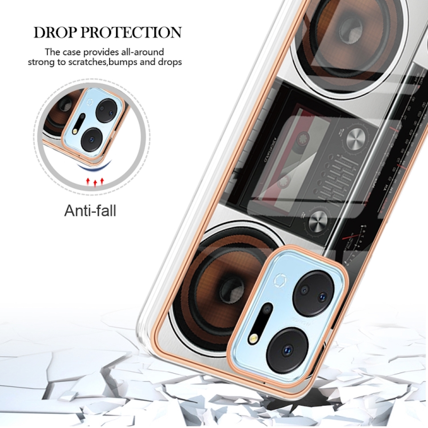 Handyhülle mit Lautsprecherbild. Schutzdesign, sturzsicher. Text: 'Drop Protection', 'Anti-fall'.