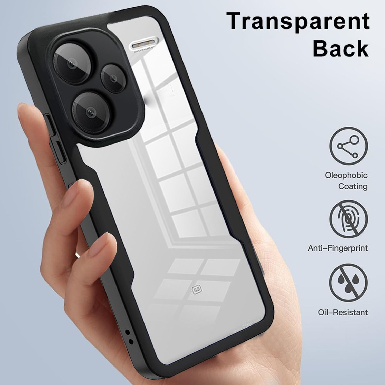 Eine schwarze Handyhülle mit transparentem Rücken, in einer Hand gehalten. Eigenschaften: oleophob, Anti-Fingerprint, ölbeständig.