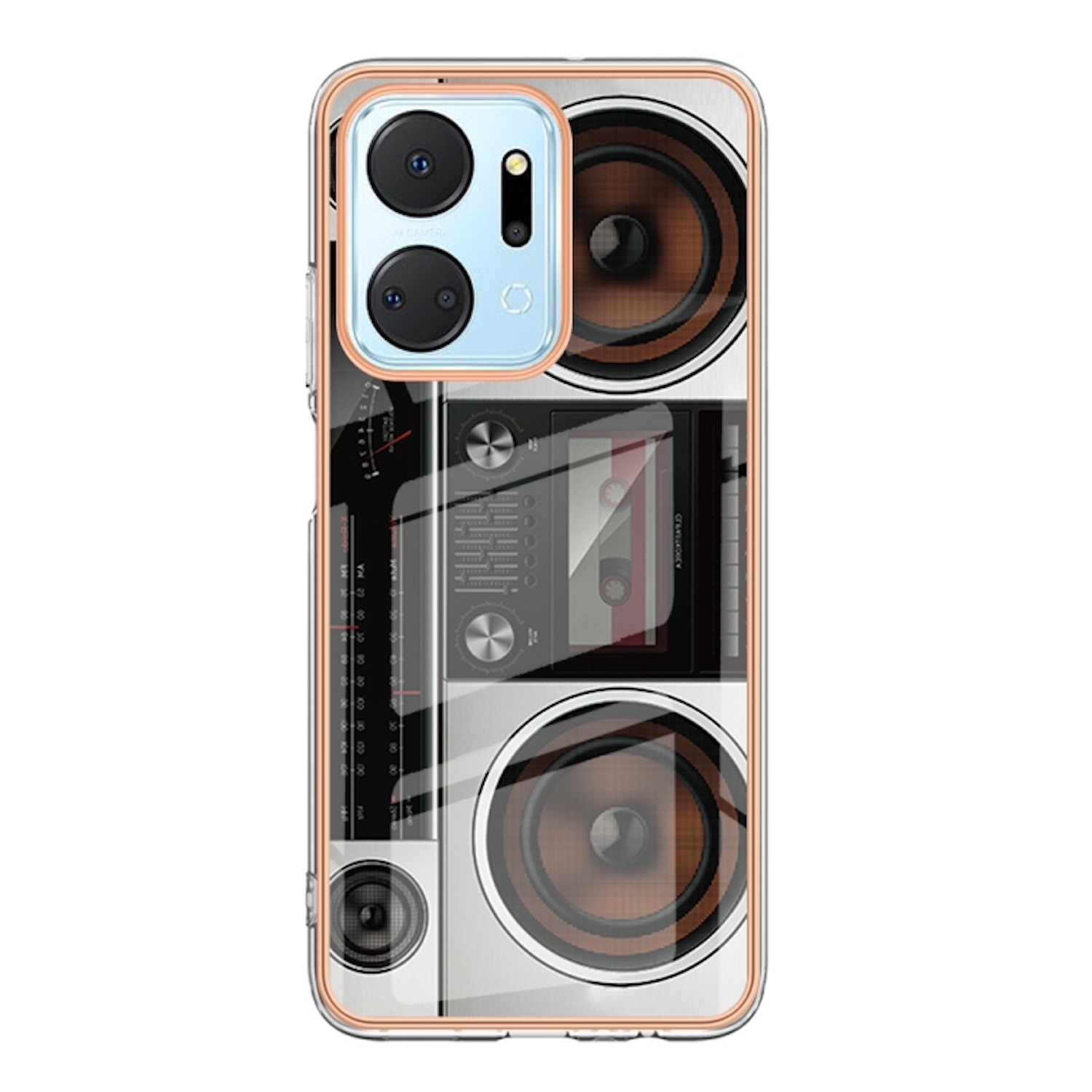 Ein Telefon mit Retro-Radio- und Kassettenband-Design.