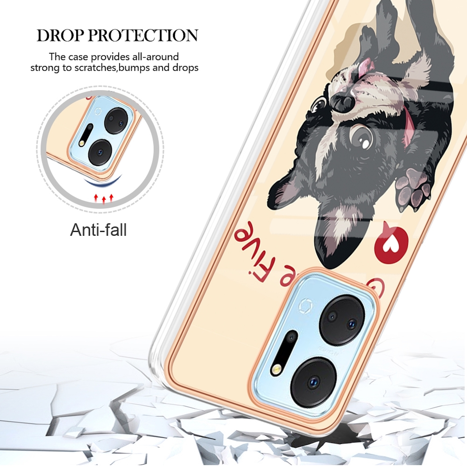 Telefonhülle mit Hundedesign. Die Hülle befindet sich auf einem Telefon mit Kamera. Text ist sichtbar.