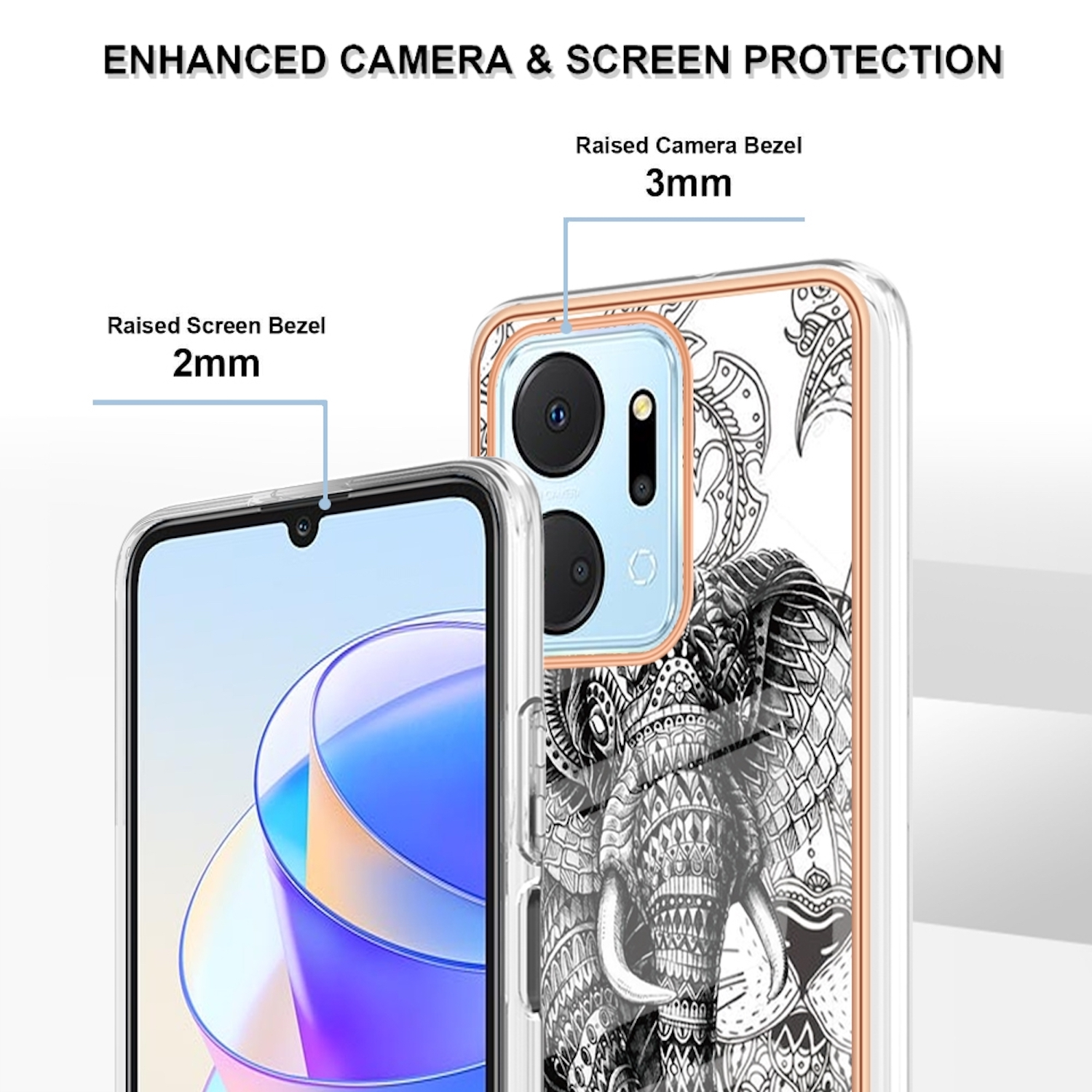 Schutzhülle für Telefon, mit abgedecktem Bildschirm und Kamera. Schwarz-weißes Design. Weißer Hintergrund.