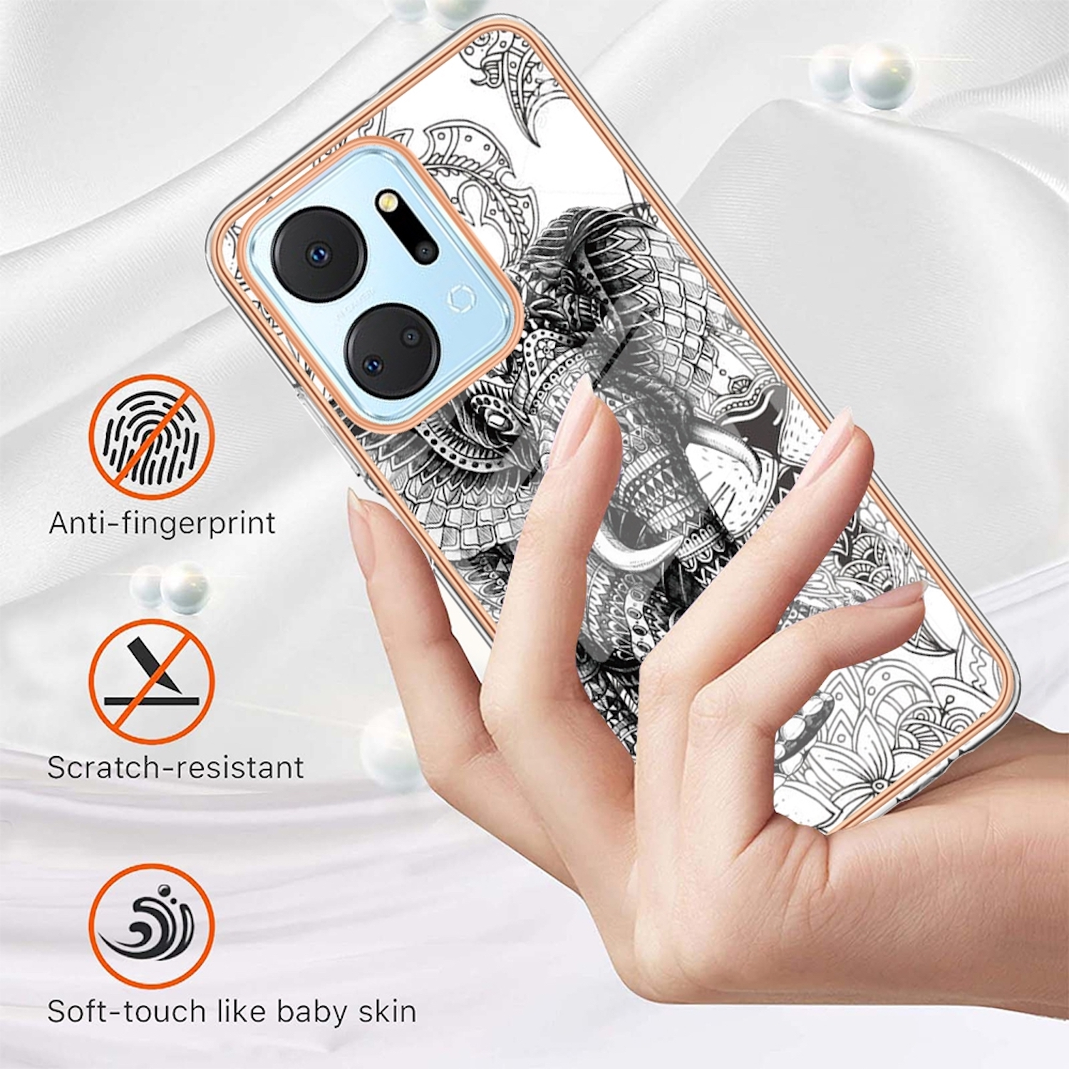 Hand, die ein Telefon mit gemusterter Hülle hält, umgeben von Symbolen.