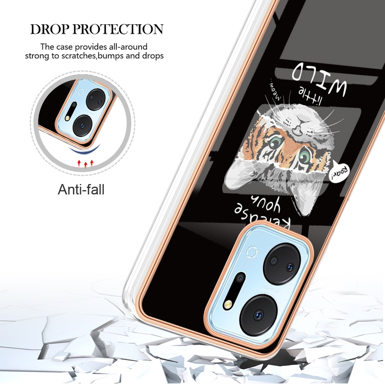 Handyhülle mit Tiger-Illustration und Details zum Fallschutz.
