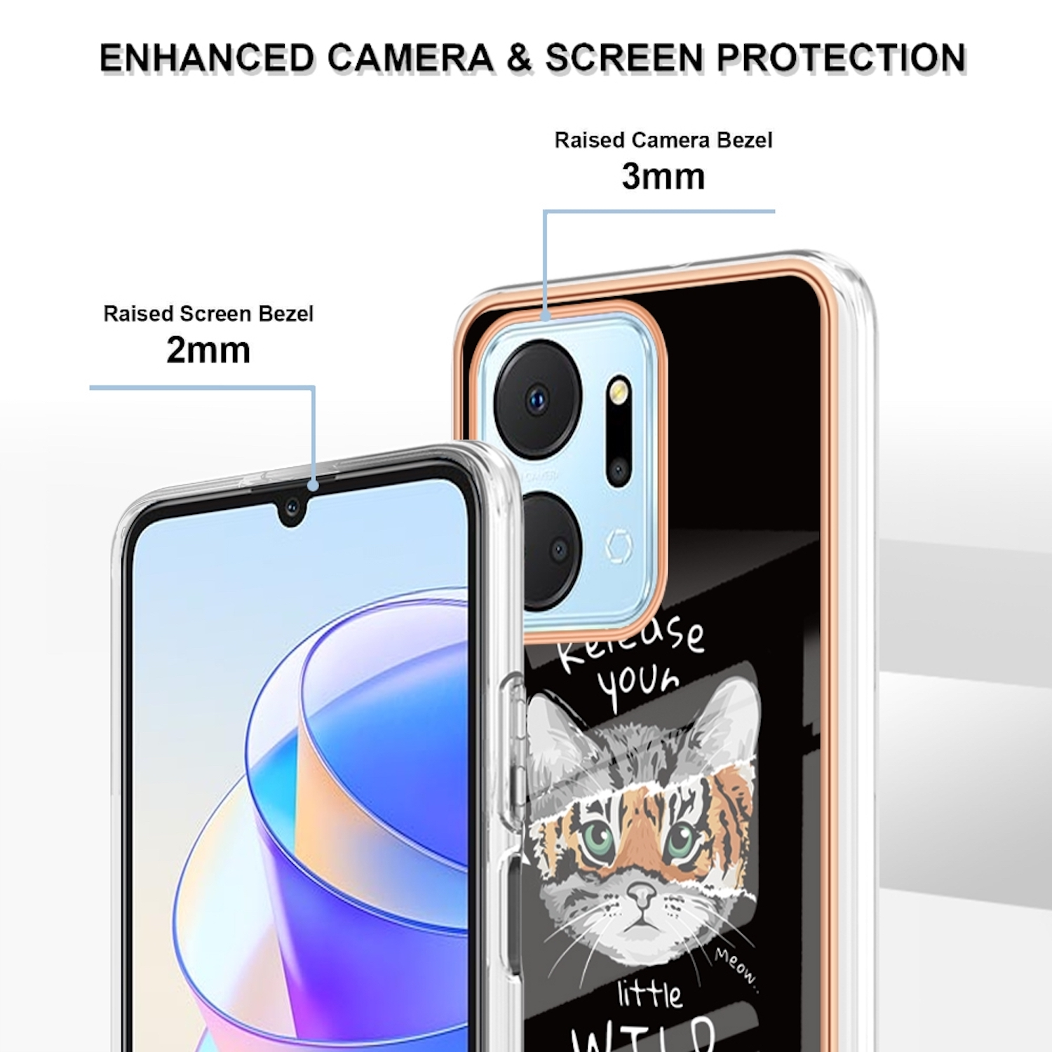 Eine Smartphone-Hülle mit Katzendesign, die erhöhte Blenden für Kamera und Bildschirm zeigt.