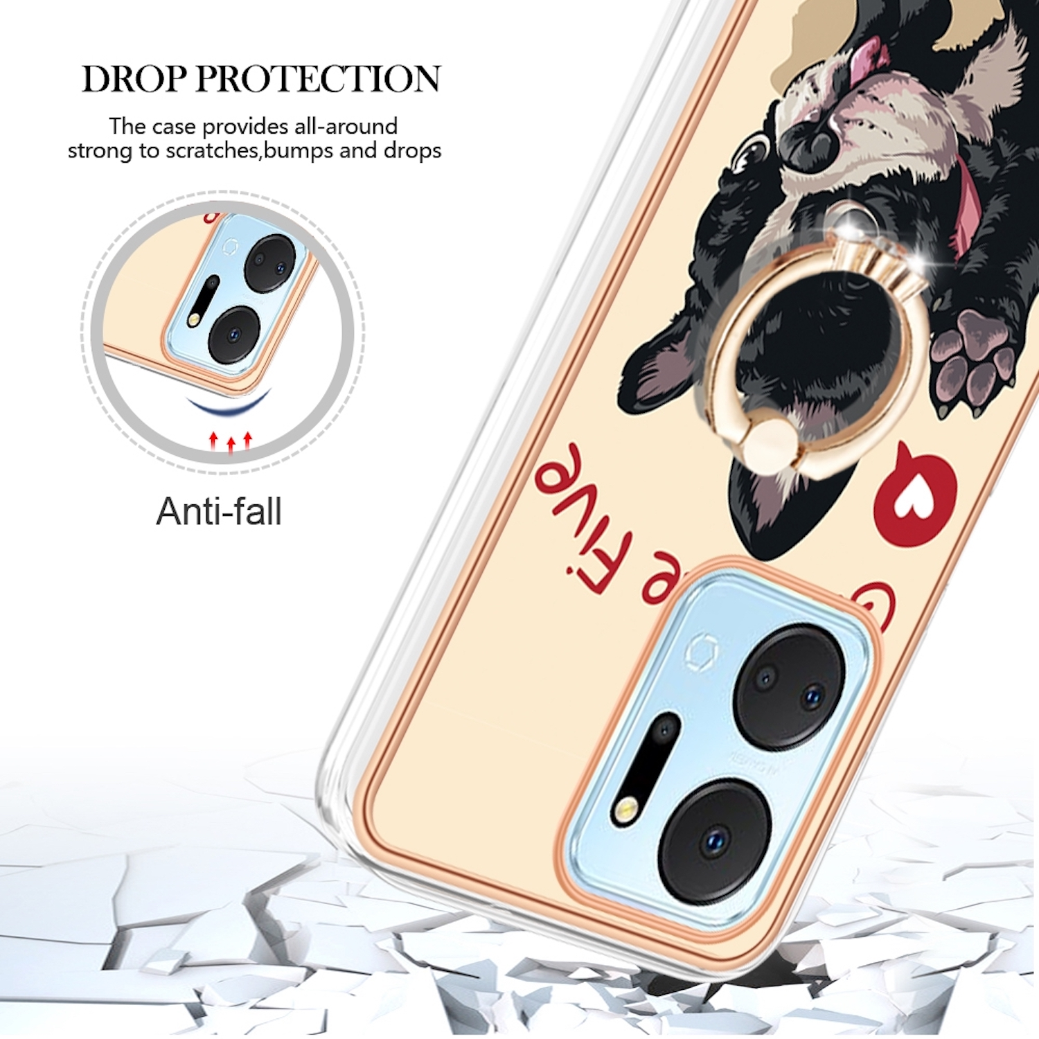 Handyhülle mit Hunde-Cartoon-Illustration, Ringhalter und Text zum Schutz vor Stürzen.