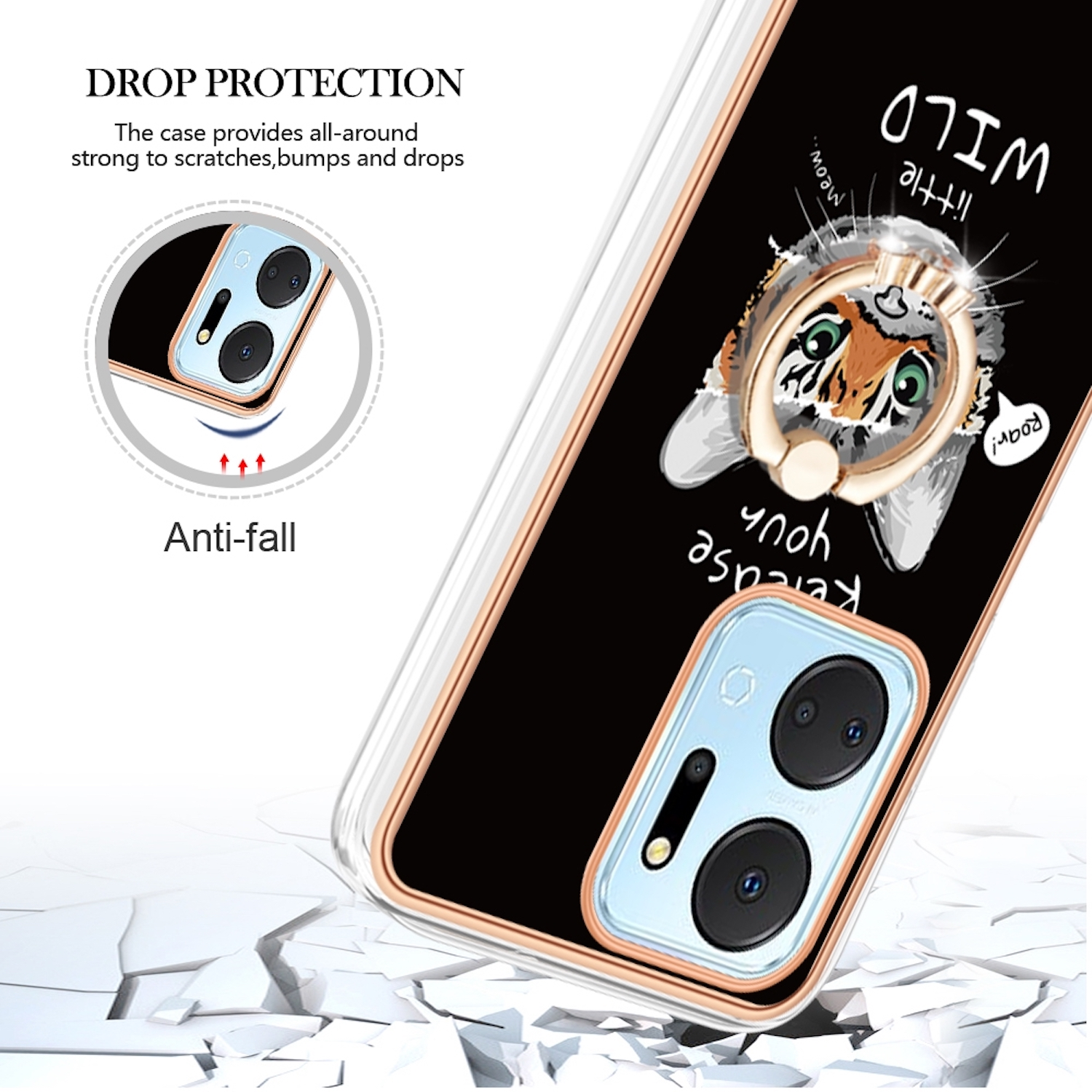Nahaufnahme einer Handyhülle mit Tigerdesign und Ringgriff. Die Hülle liegt auf einer zerbrochenen Oberfläche.