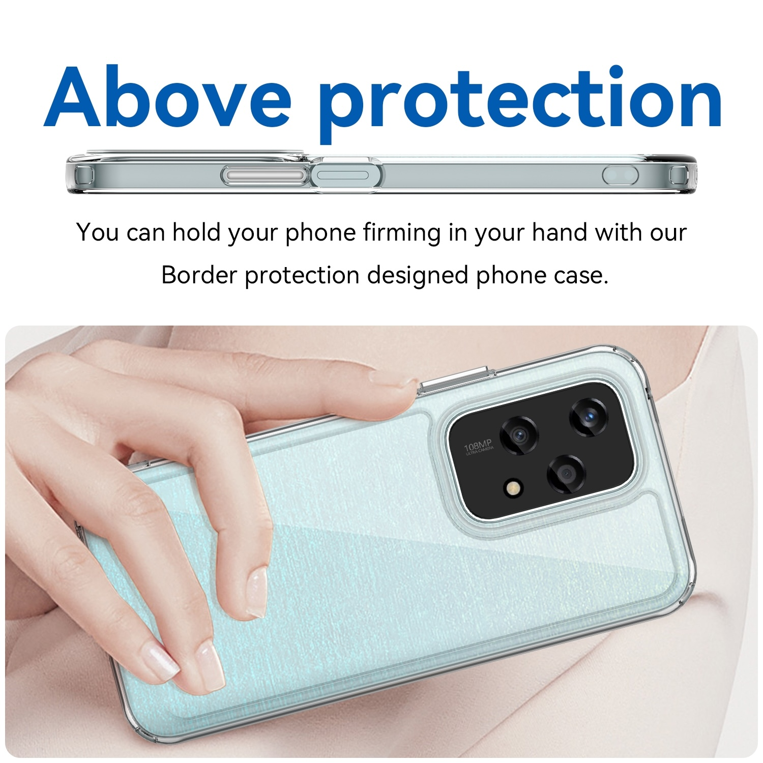 Die Hand einer Person, die ein Telefon in einer durchsichtigen Hülle hält. Das Telefon hat eine Kamera.