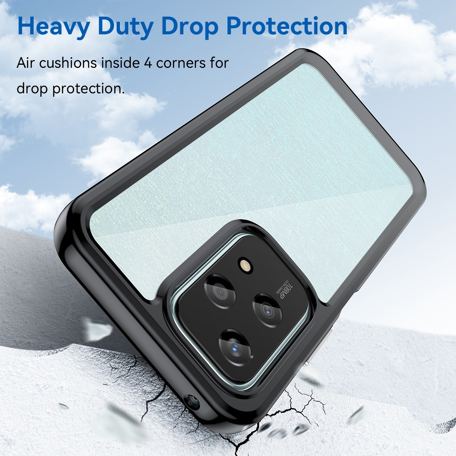 Schwarze Handyhülle mit Handy darin. Text: Heavy Duty Drop Protection. Weißer Hintergrund.