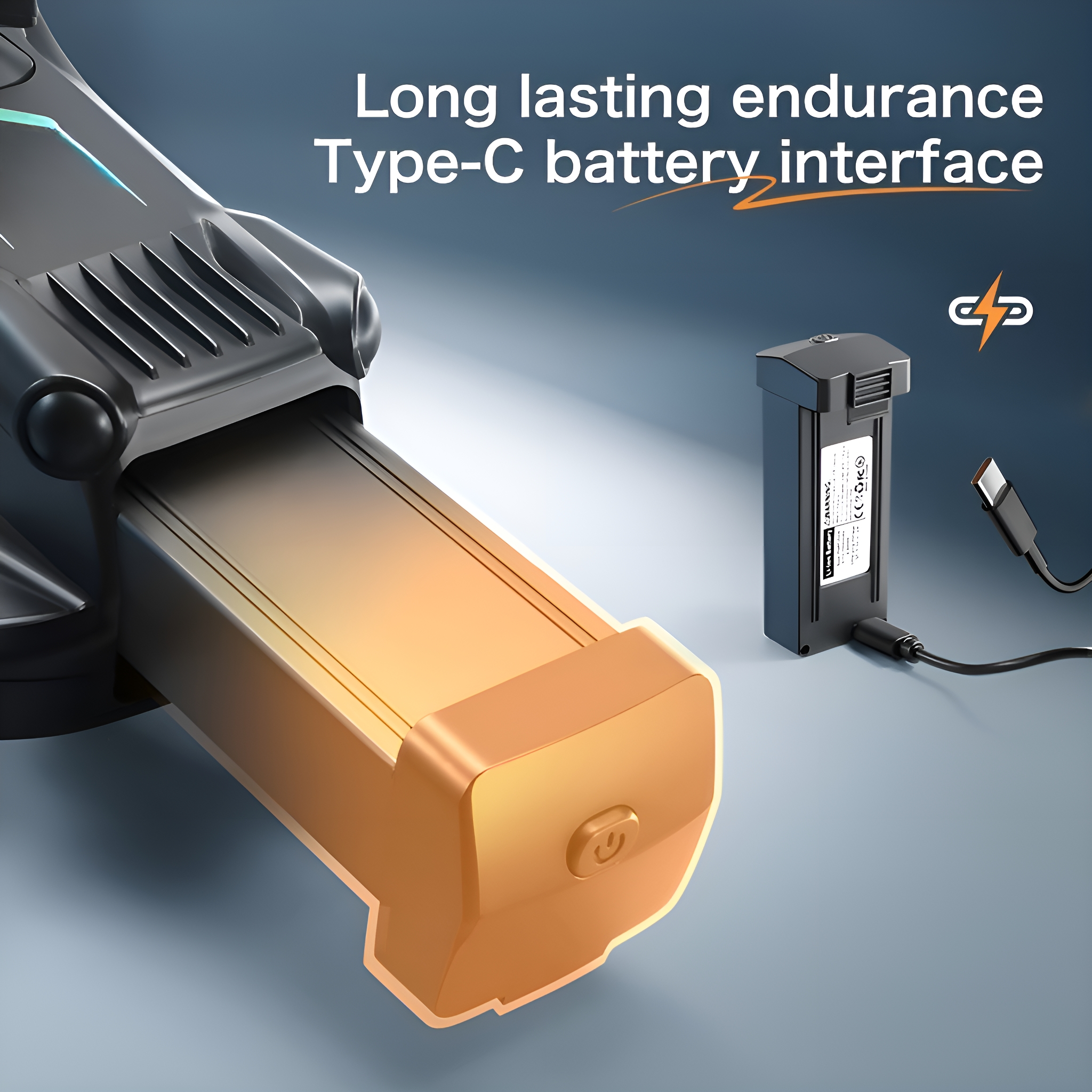 Drohnenbatterie mit Typ-C-Anschluss, schwarz und orange-goldener Basis auf blauem Hintergrund.