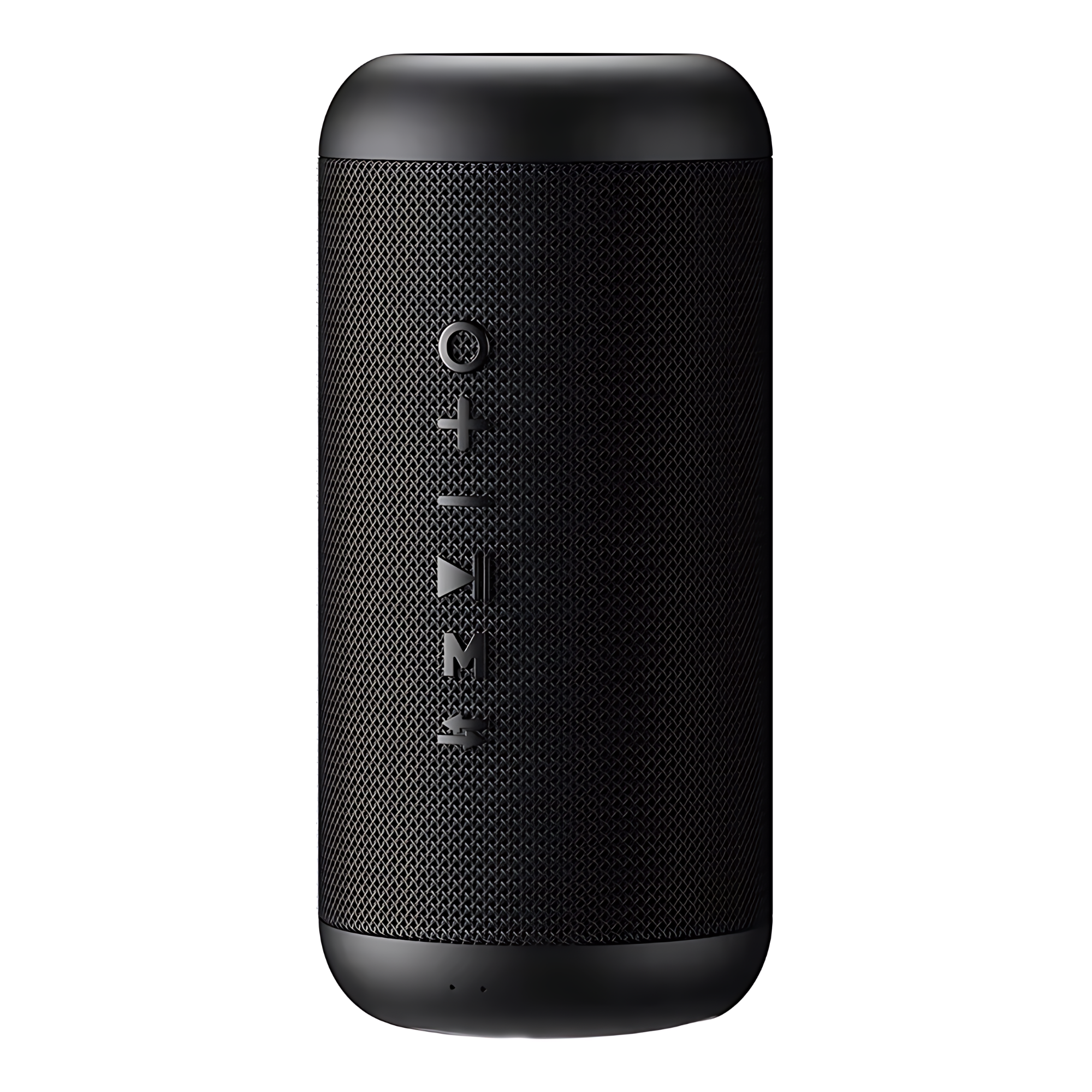 Czarny głośnik cylindryczny z opisami przycisków z przodu.