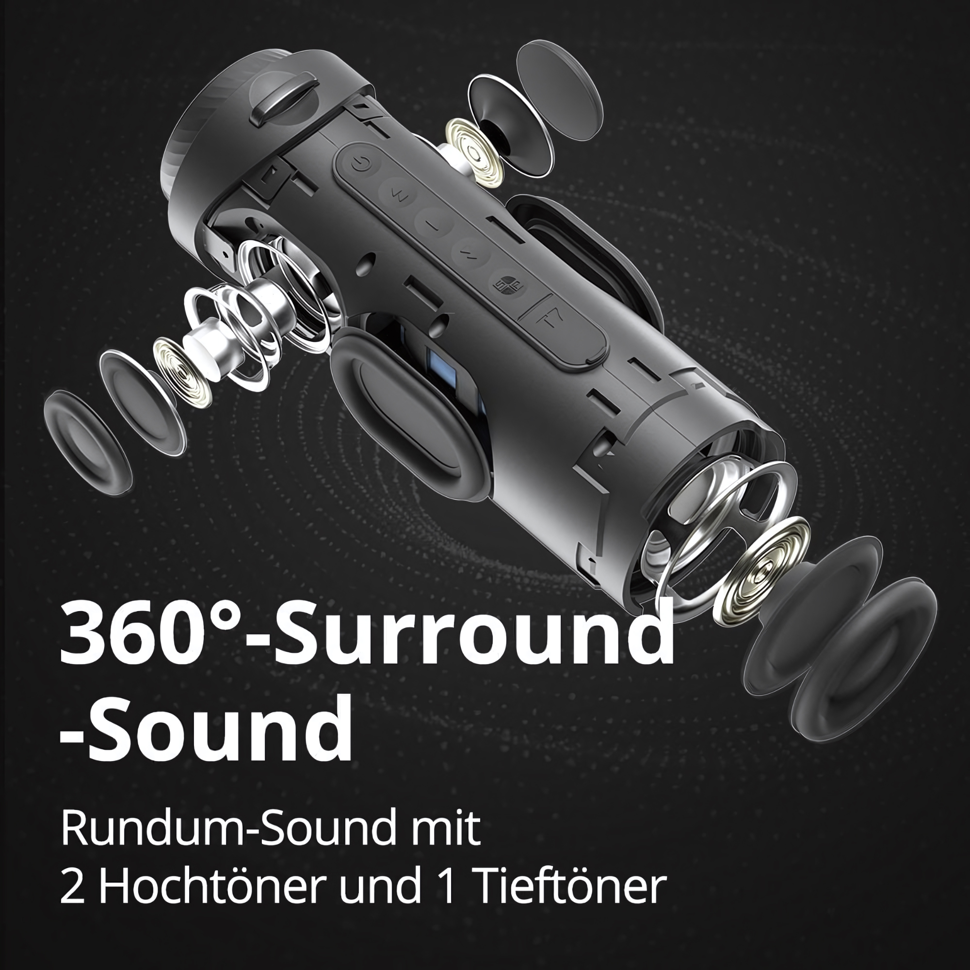 Czarny głośnik z rozerwanymi komponentami. Tekst: 360° Surround Sound, 2 głośniki wysokotonowe, 1 niskotonowy.