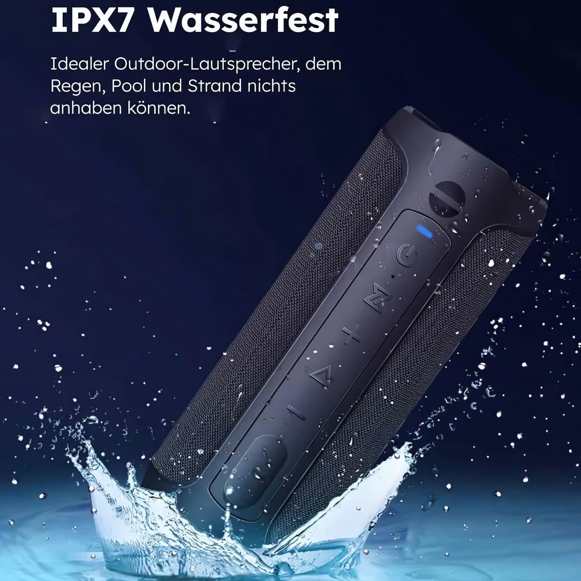 Czarny, wodoodporny głośnik z przyciskami sterowania, z rozpryskami wody, niebieskie tło.