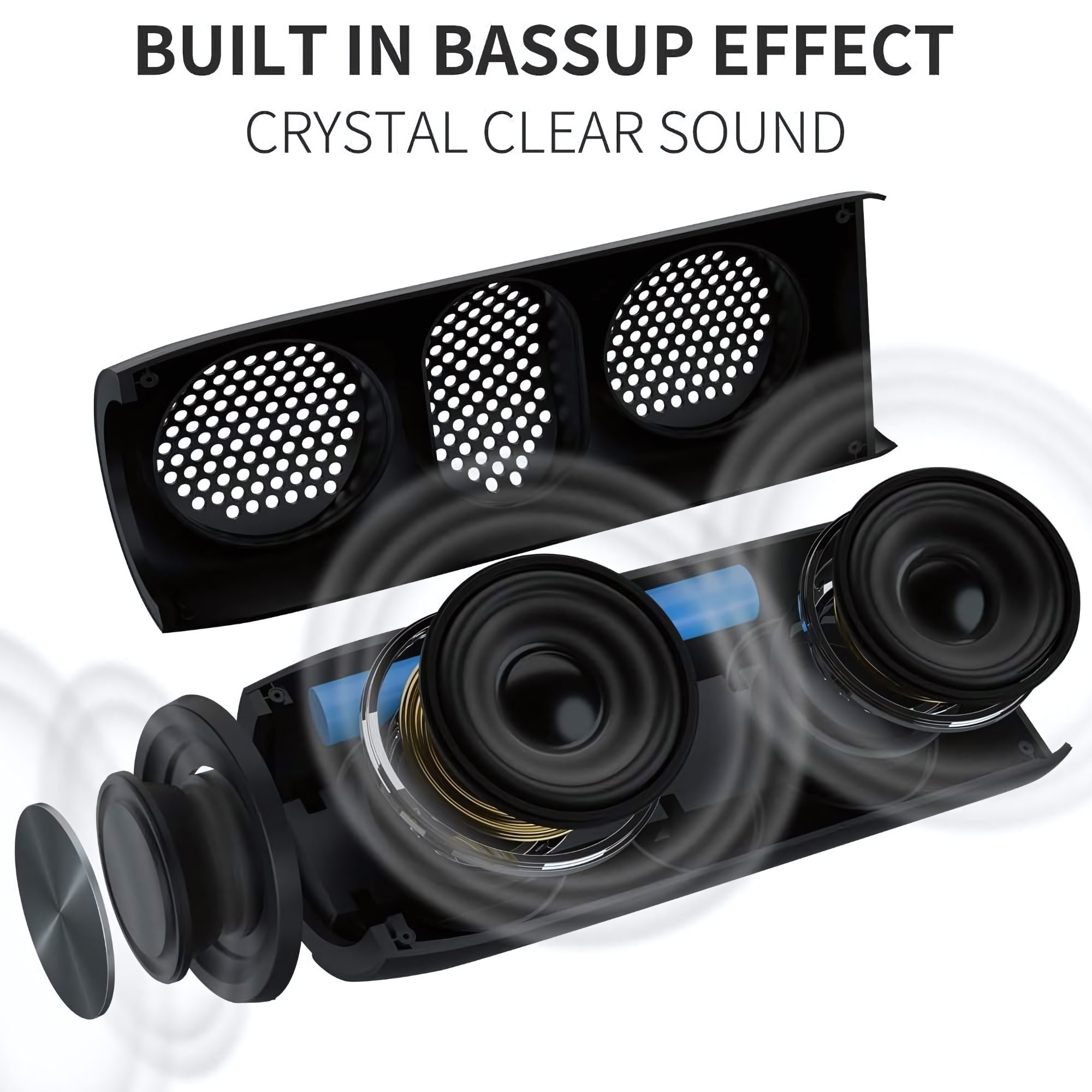 Czarny soundbar z widocznymi głośnikami i elementami wewnętrznymi, tekst mówi 