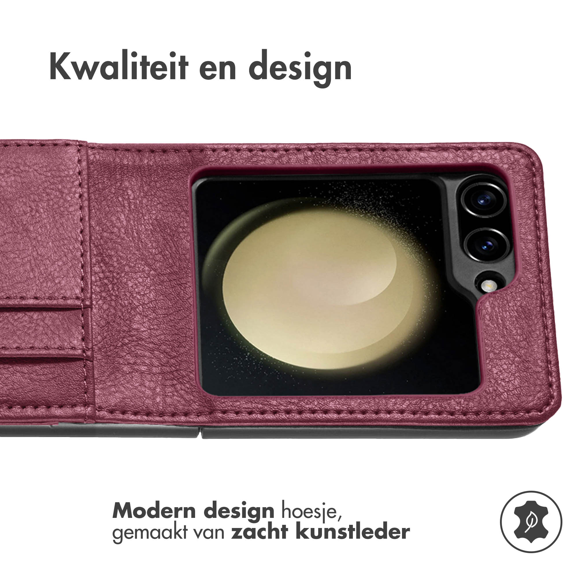 Un étui de téléphone en cuir rouge avec un téléphone à l'intérieur. Le texte en haut dit 'Kwaliteit en design'.