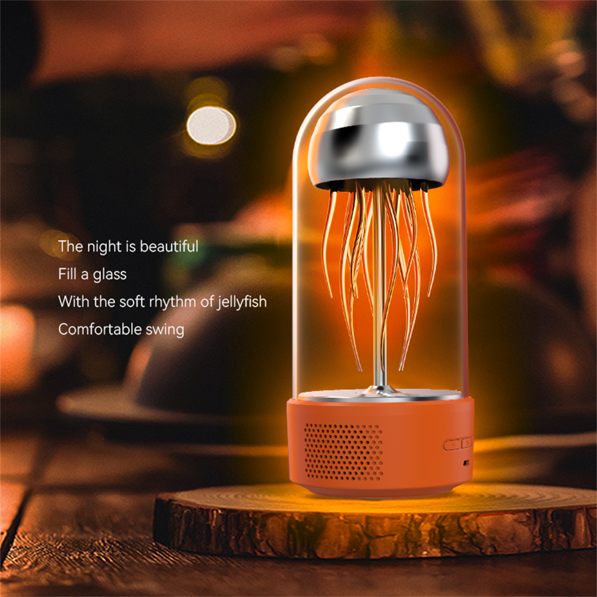 Quallenförmige Lampe mit orangefarbenem Sockel, silbernem Deckel und leuchtendem orangefarbenen Innenraum.