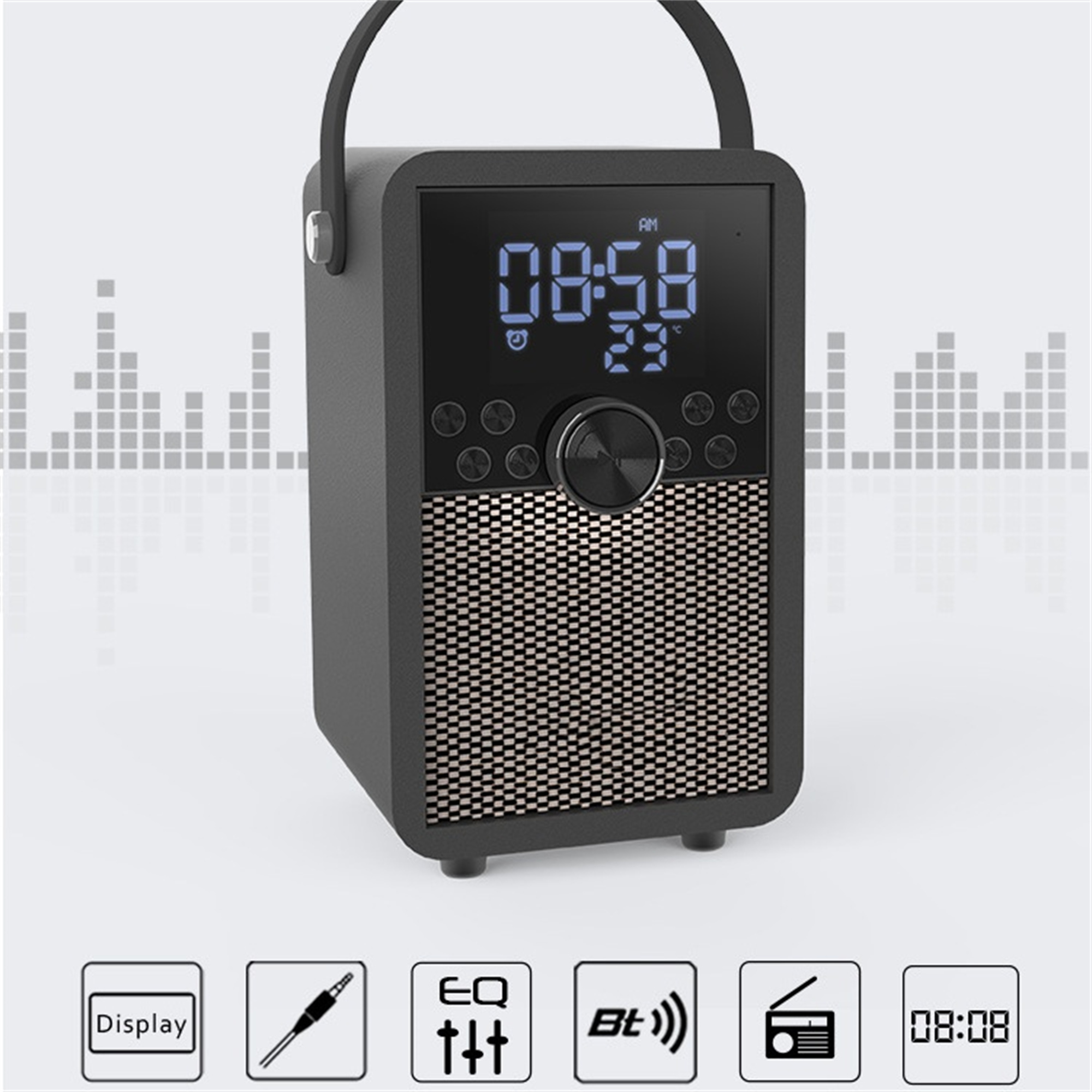Schwarzes Radio mit Digitalanzeige, die Uhrzeit anzeigt, und Knöpfen. Es hat einen Griff und einen Lautsprechergrill.