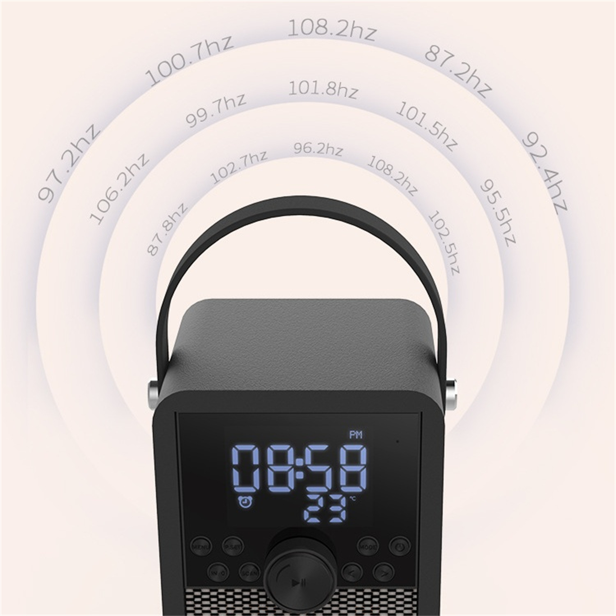 Schwarzes Retro-Radio mit Digitalanzeige. Zeigt Zeit und Radiofrequenzen um das Gerät herum.