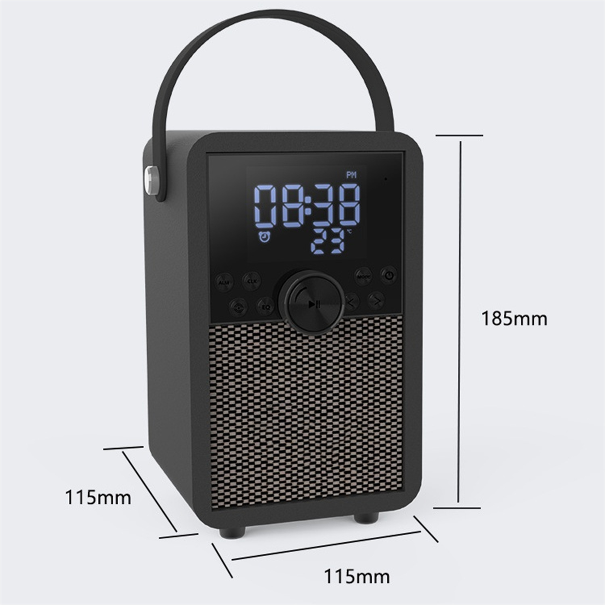 Ein schwarzes Radio mit Digitalanzeige und Abmessungen auf weißem Hintergrund.