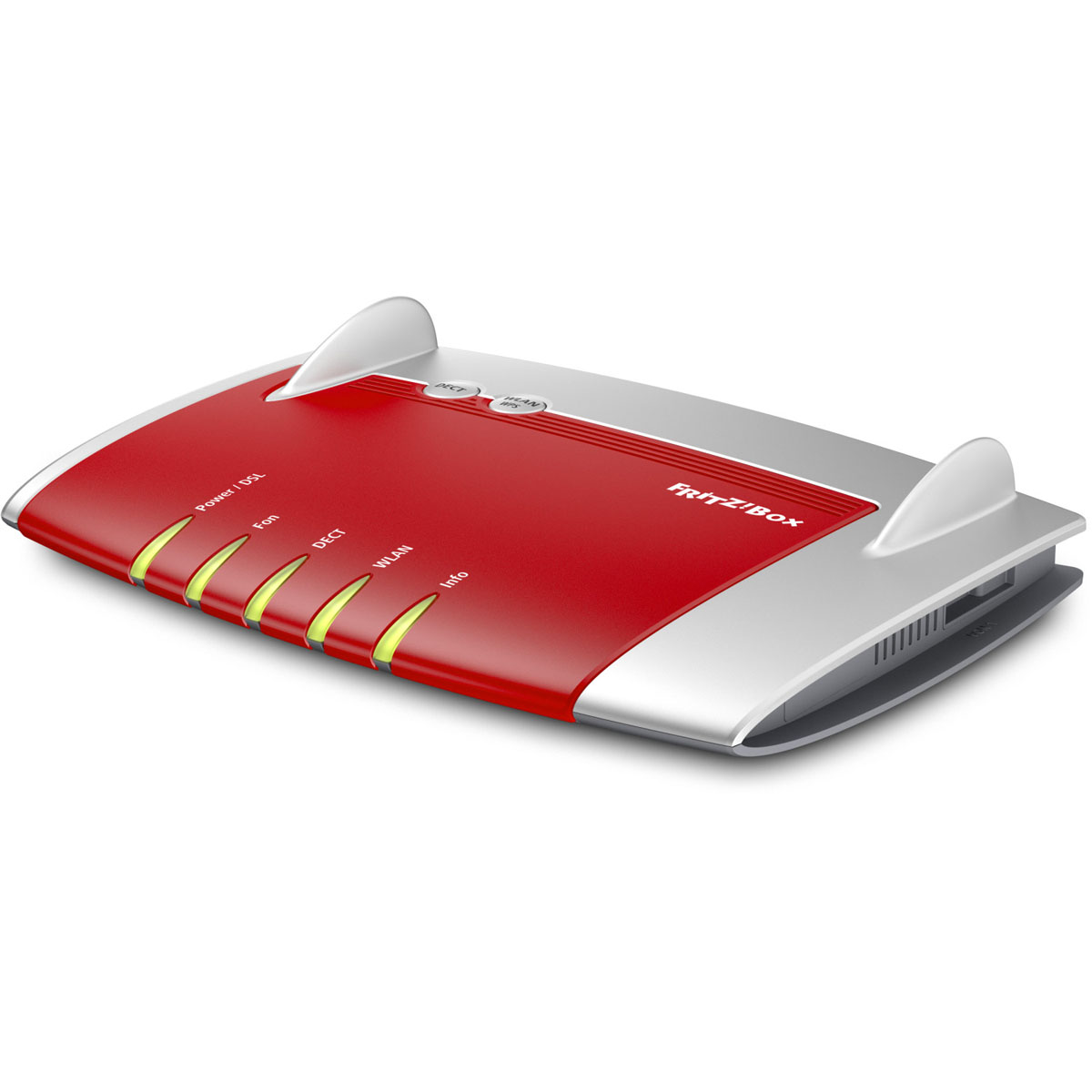 Roter und silberner Router mit fünf gelben Lichtern und dem Wort "FRITZ!Box" oben.