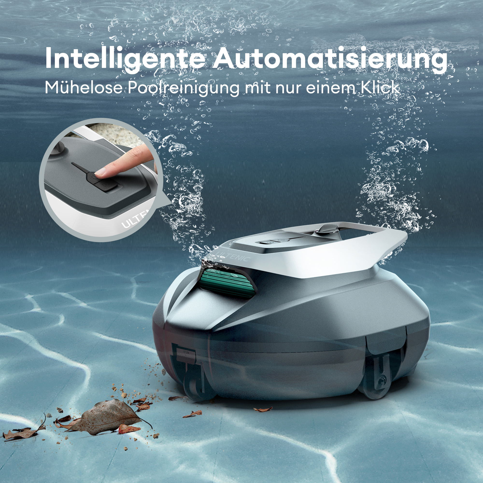 Unterwasseraufnahme eines Roboter-Poolreinigers. Blasen und ein Blatt sind ebenfalls im Wasser.