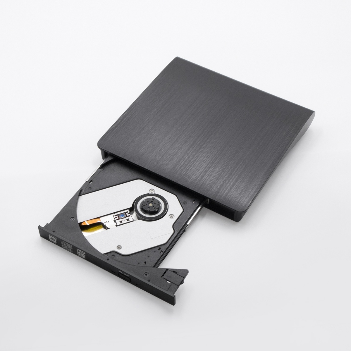 Schwarzes DVD-Laufwerk mit offenem Fach, das die Disc im Inneren zeigt.