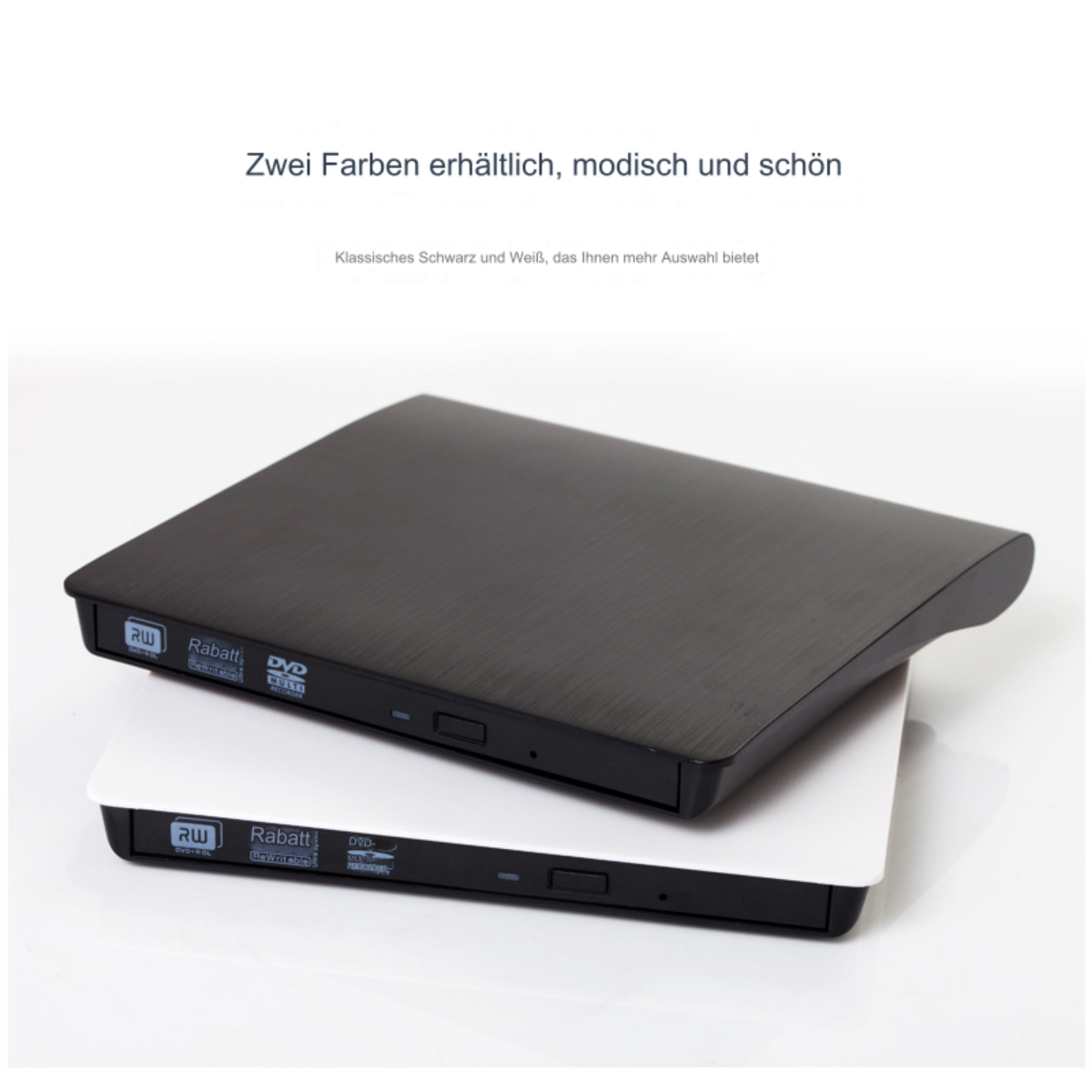 Zwei externe DVD-Laufwerke, schwarz und weiß, gestapelt.
