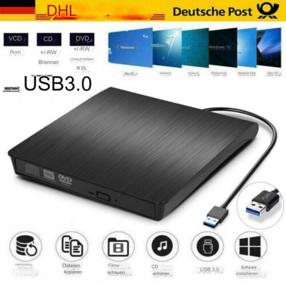 Ein schwarzes externes DVD-Laufwerk mit USB-Kabel, neben einem Stapel von Scheiben und Software-Symbolen.