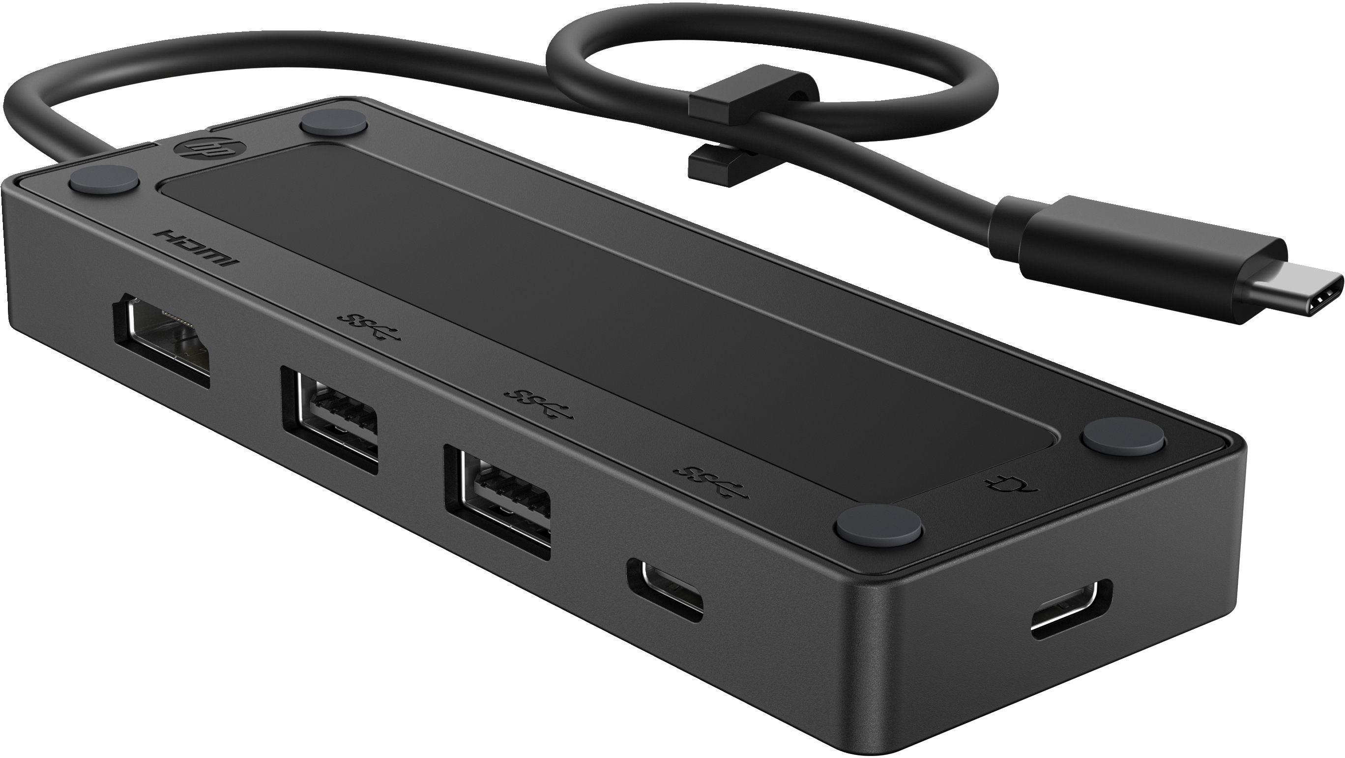 Hub USB HP nero con porte HDMI e USB e un cavo, su sfondo bianco.