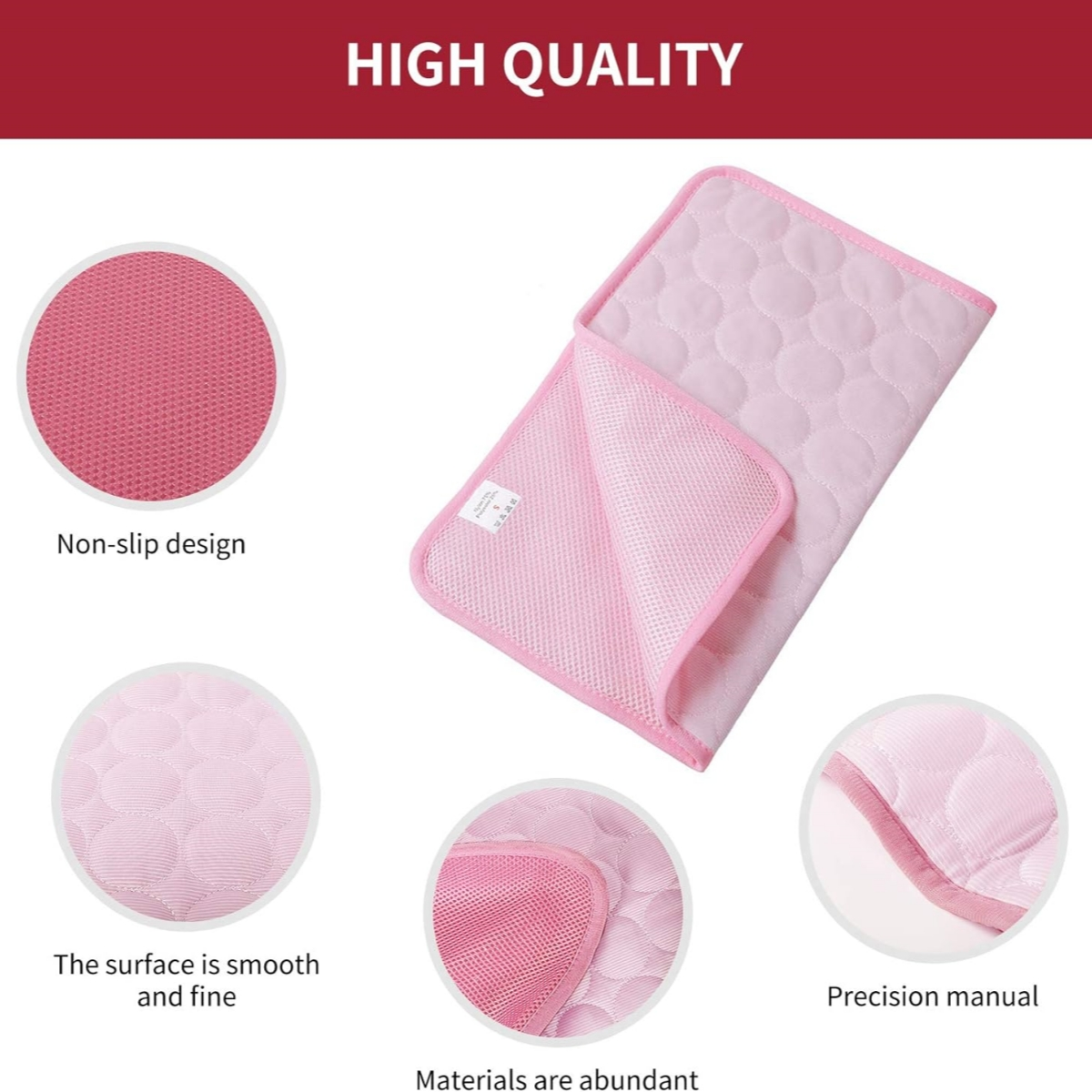 Rosa Kühlmatte für Haustiere, mit Nahaufnahmen der Oberfläche und rutschfestem Design.