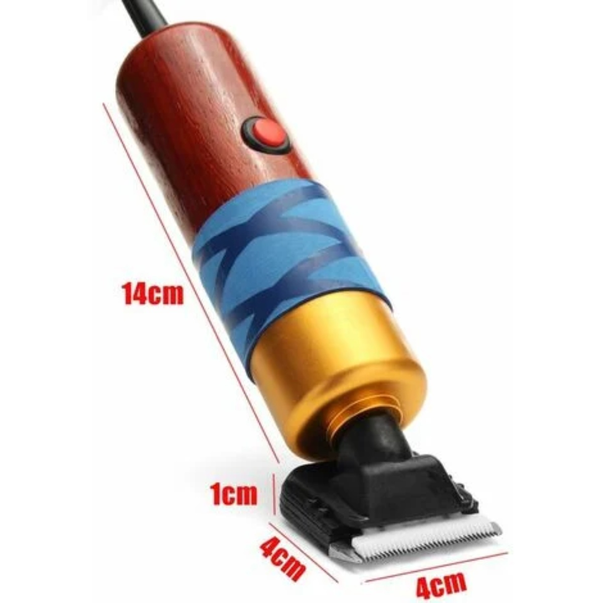 Haarschneider mit Holzgriff, blauem Griff und den Maßen: 14 cm, 1 cm, 4 cm und 4 cm.