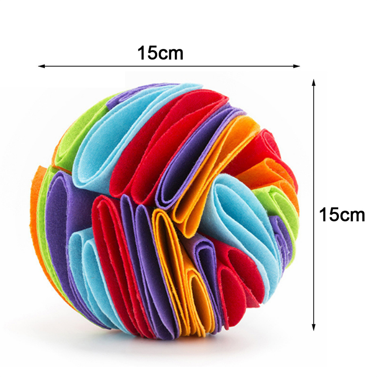 Bunter Filzball-Spielzeug. Verschiedene Farben, runde Form, Abmessungen 15cm x 15cm.