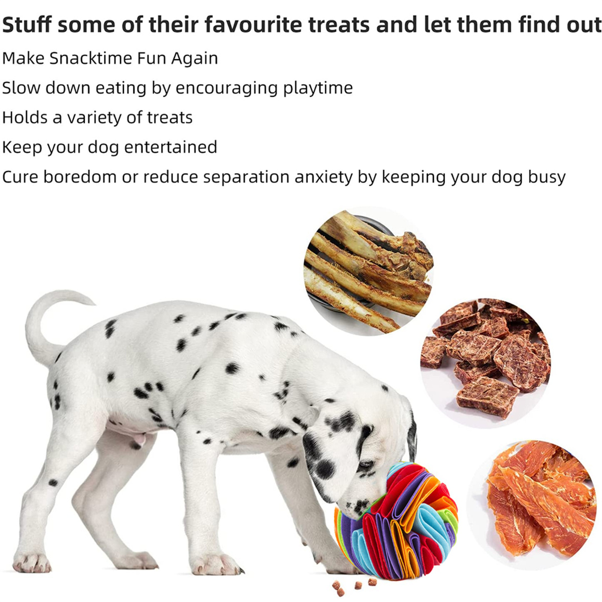 Dalmatiner-Hund spielt mit einem Leckerli-Ball, umgeben von Leckerlis. Text über Hunde-Anreicherung.