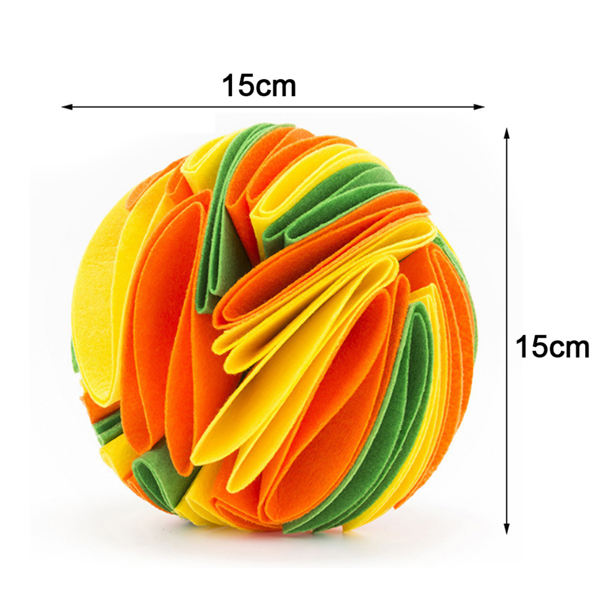 Ein bunter Ball aus überlappenden Filzkreisen mit Abmessungen von 15 cm.