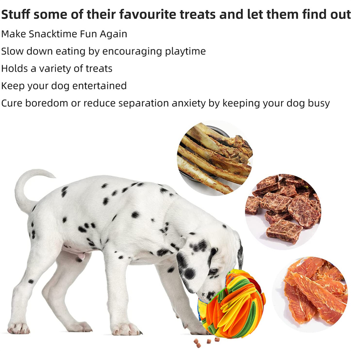 Dalmatinerhund mit buntem Ball und Leckerlis. Text enthält 'Make Snacktime Fun Again' und andere Vorteile.