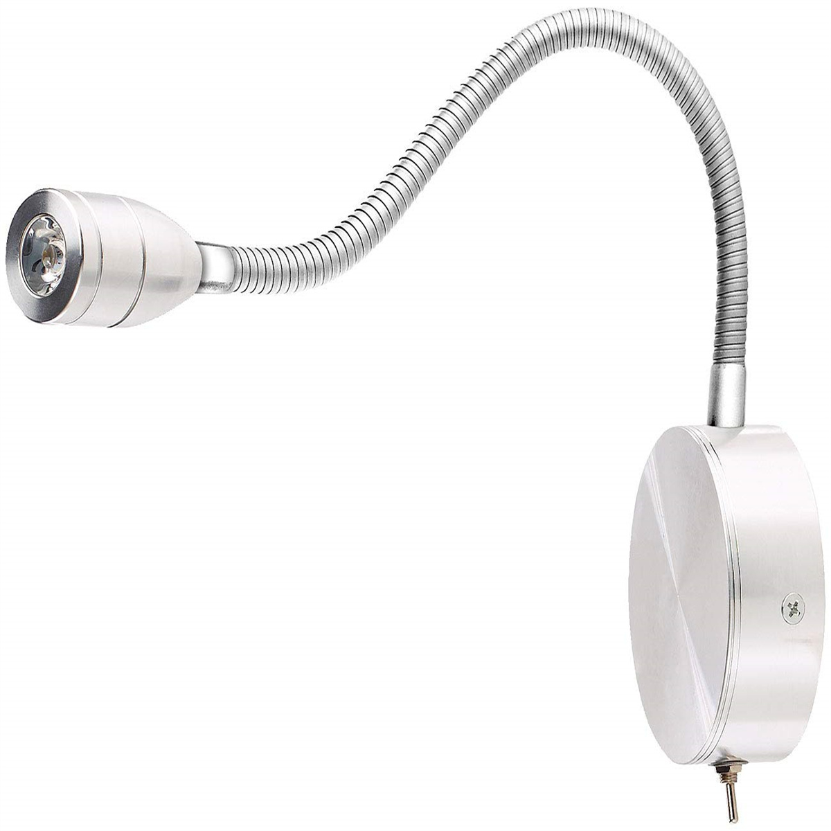 Eine silberne Lampe mit flexiblem Hals, die an einer Wand befestigt ist, mit einem Schalter unten.