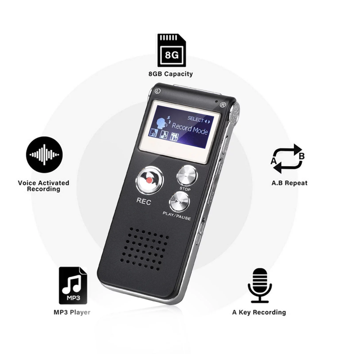 Schwarzes Aufnahmegerät mit Bildschirm und Symbolen, die Funktionen wie MP3-Player und A.B-Wiederholung anzeigen.