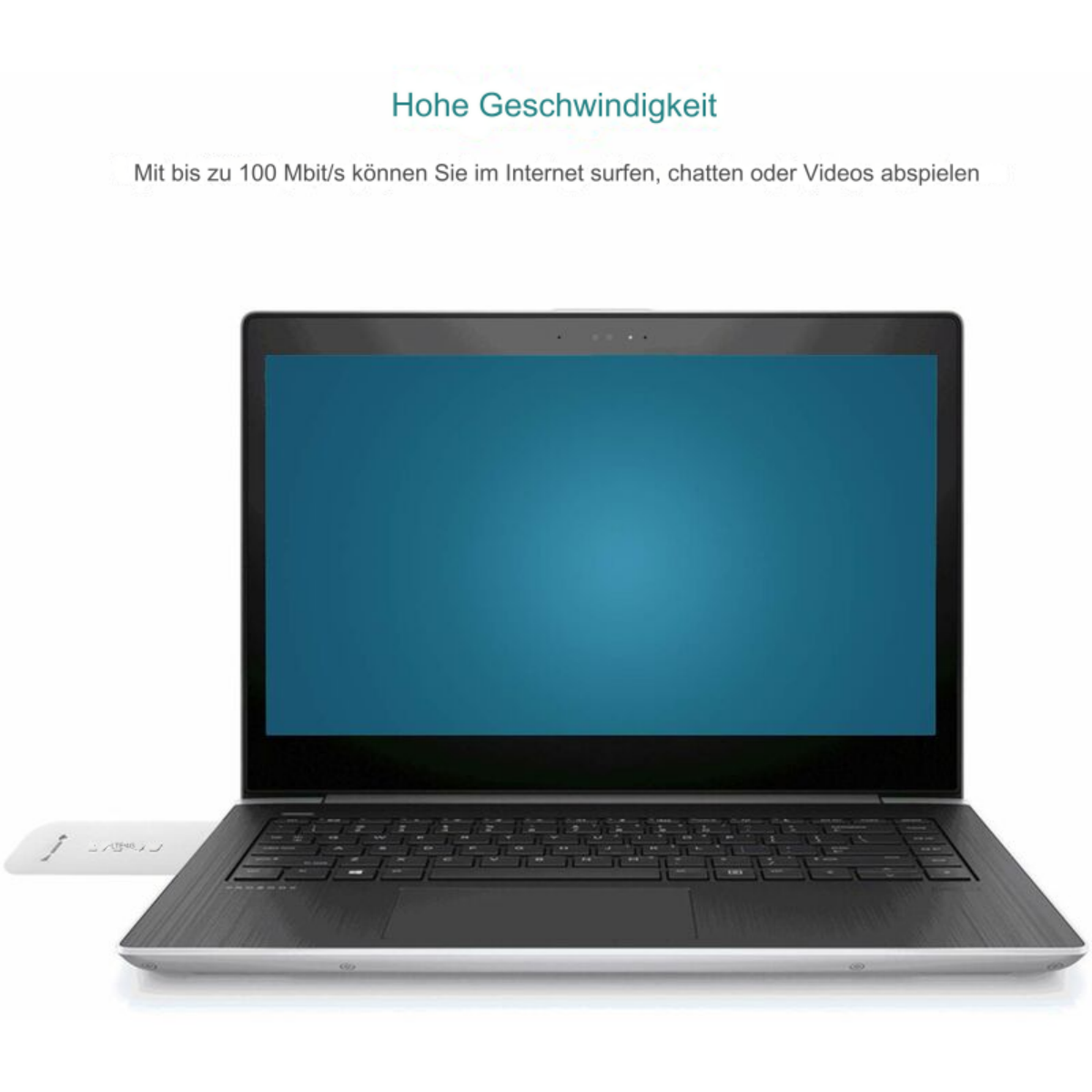 Laptop mit blauem Bildschirm und einem daran angeschlossenen kleinen Gerät.