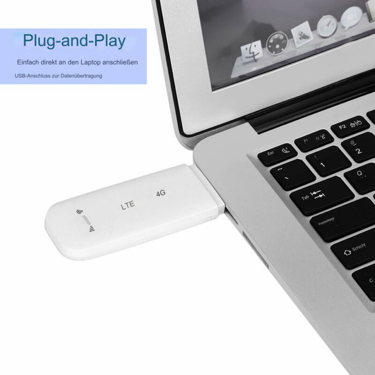 Ein weißes 4G LTE USB-Modem, das an einen Laptop angeschlossen ist, mit Text in der Ecke.