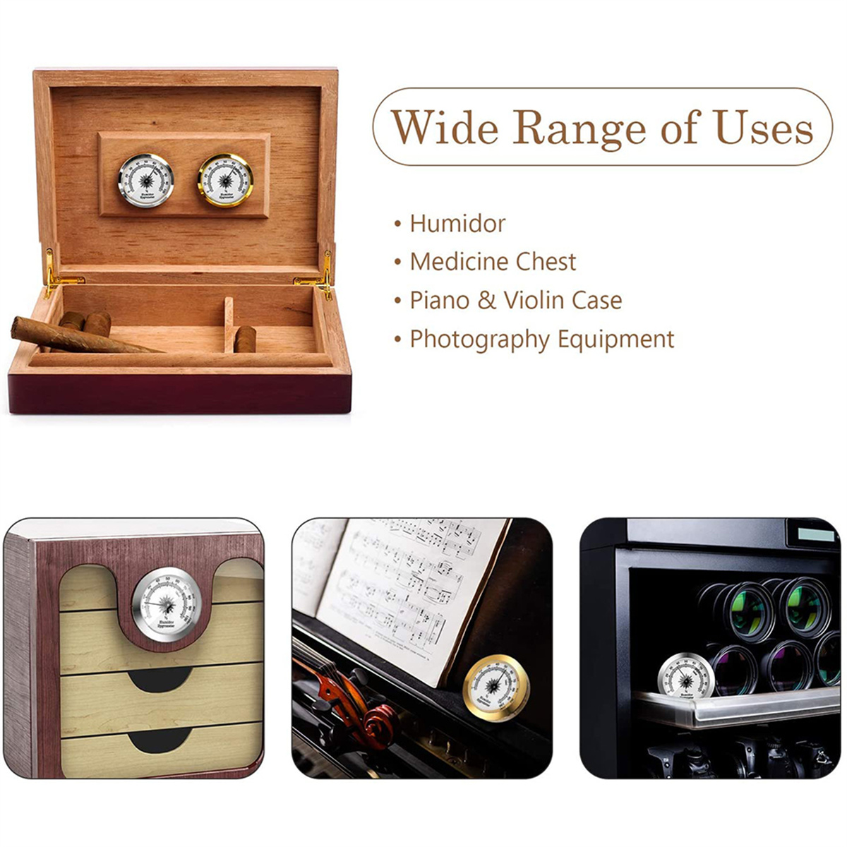 Ein hölzerner Humidor mit zwei kreisförmigen Messgeräten und verwandten Artikeln wie Zigarren und einem Geigenkasten.