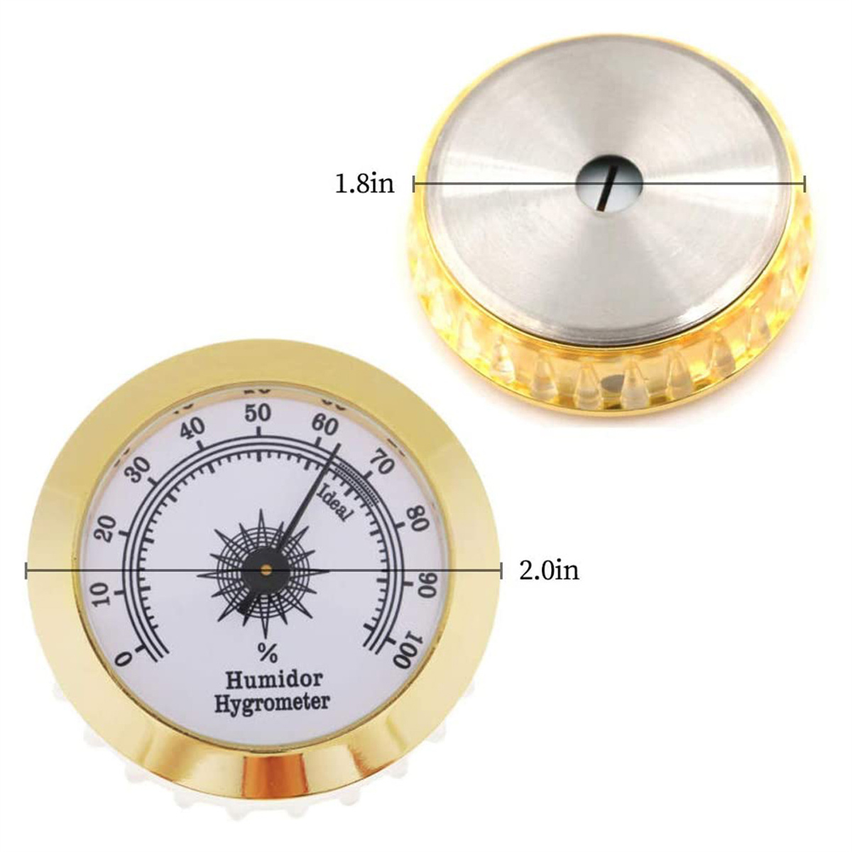 Ein goldgerahmtes Hygrometer mit Nadel auf ideal. Draufsicht zeigt einen goldgerahmten Deckel.