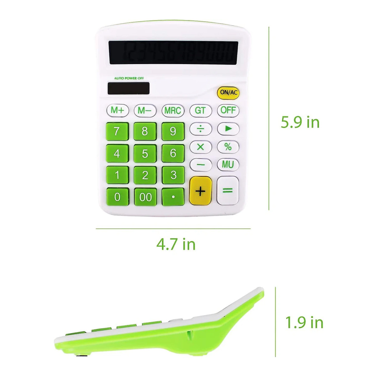 Weißer Taschenrechner mit grünen Tasten und angegebenen Abmessungen, weißer Hintergrund.