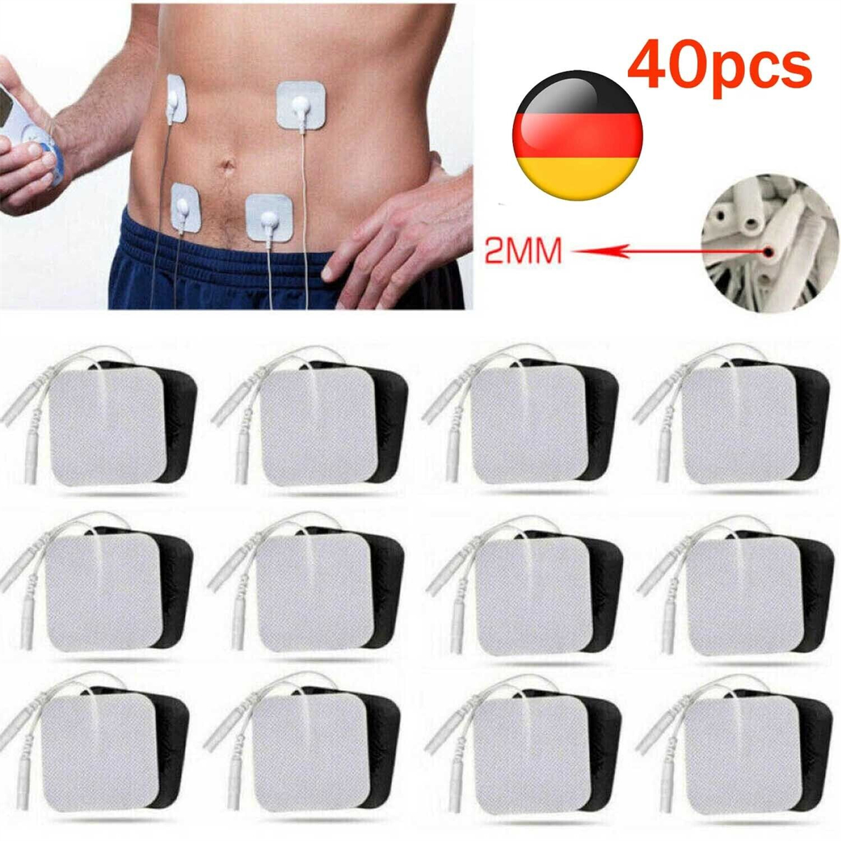 Mann mit Elektroden am Bauch. 40 Elektrodenpads. Deutsche Flaggen-Symbol. Weißer Hintergrund.