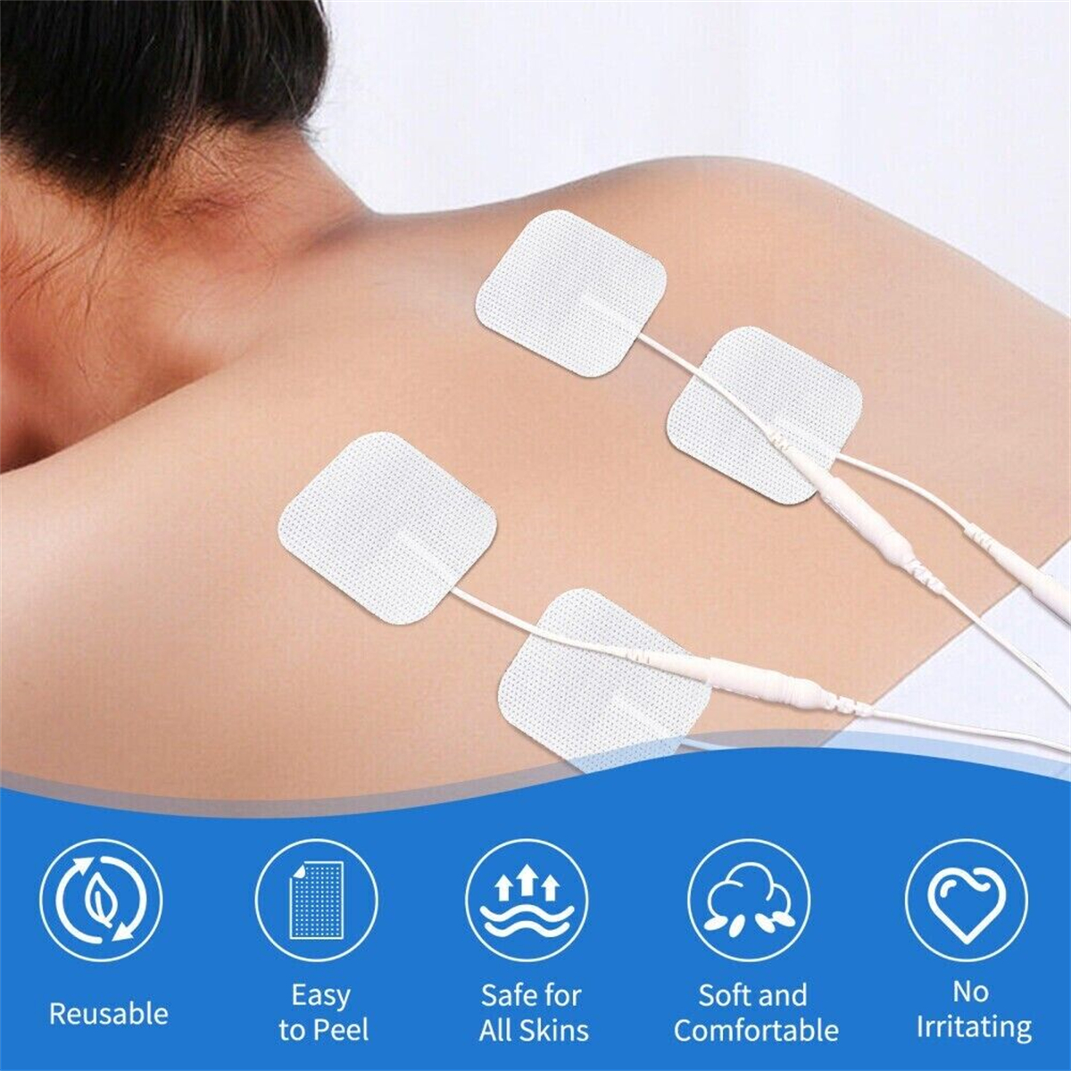 Rücken einer Person mit Elektrodenpads, Produktinformationen unten.