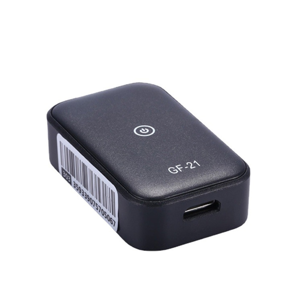 Ein kleiner schwarzer GF-21 GPS-Tracker mit USB-Anschluss und Barcode an der Seite.