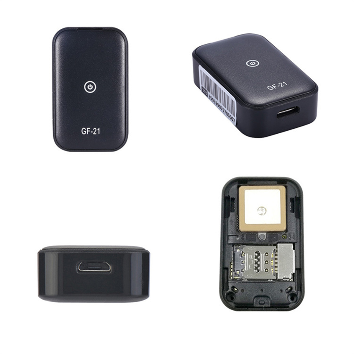 Schwarzer GPS-Tracker, mehrere Ansichten. Zeigt das Gerät und die internen Komponenten. Weißer Hintergrund.