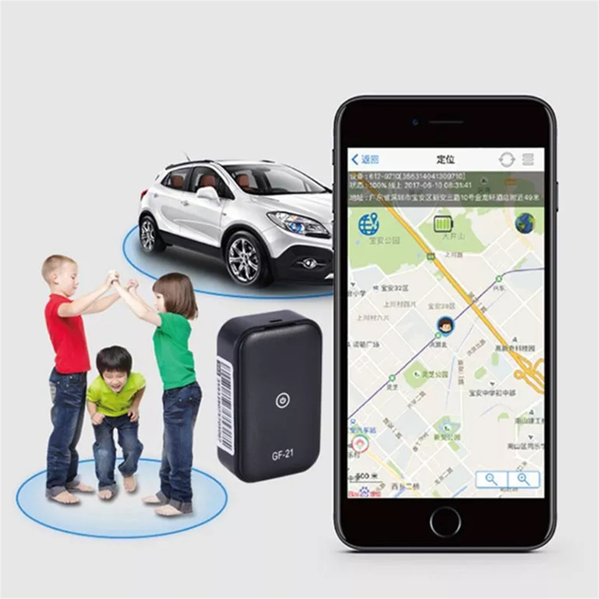 Drei Kinder und ein Auto-Tracker-Gerät, mit einem Telefon, das eine Karte zeigt. Auto im Hintergrund.